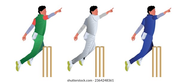 A cricket bowler celebrating after taking a wicket.