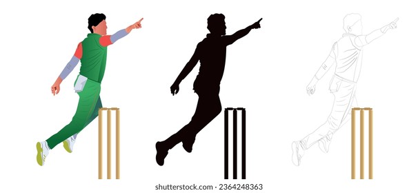 A cricket bowler celebrating after taking a wicket. Silhouette, Line Drawing.