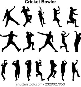 Cricket Bowler different poses silhouette collection 