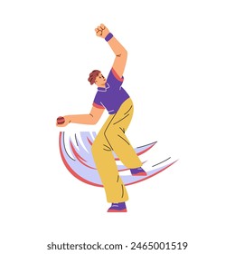 Cricket bowler player in uniform throws the ball vector flat illustration. Cartoon championship sport game. Playing cricket action with movement lines isolated on white