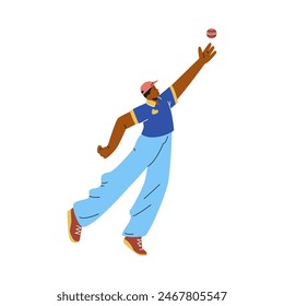 Cricket bowler player in uniform throws or catches the ball vector flat illustration. Cartoon championship sport game. Playing cricket character in action isolated on white