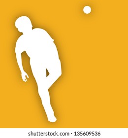 Cricket bowler in playing action on yellow background.