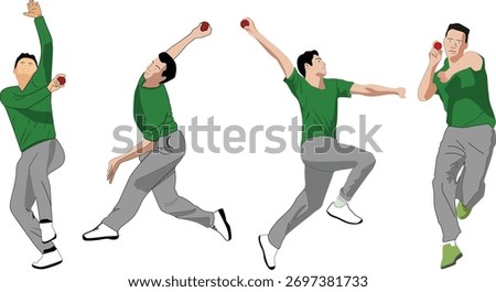 cricket bowler vector illustration showing different bowling poses and actions in green outfit, perfect for sports and motion design themes
