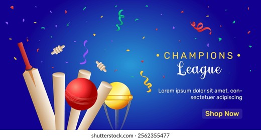 Cricket champions league social media banner design with bat, stumps and golden trophy