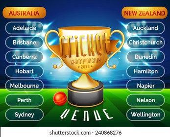 Lista de los lugares del Campeonato de Cricket 2015 para el partido Australia vs Nueva Zelanda con trofeo de oro y pelota en los estadios.