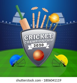 Cricket Championship 2020 Text on Grey Shield with Realistic Equipment, Golden Trophy Cup and Stadium View.