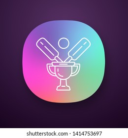 Cricket championship app icon. Sport competition. Tournament winner trophy. Champion cup, bat, ball. Total game result. UI/UX user interface. Web or mobile application. Vector isolated illustration