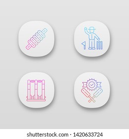 Cricket championship app icons set. Sport competition. Bail, stumps, win, umpire. Sporting gear, judge, victory. UI/UX user interface. Web or mobile applications. Vector isolated illustrations