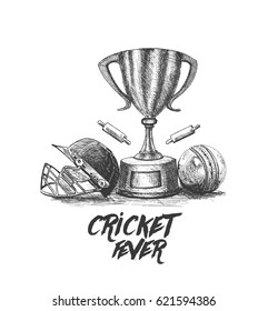 Cricket championship with ball wicket freehand sketch graphic design, vector illustration 