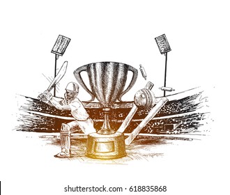 Cricket championship with ball wicket player in Cricket stadium freehand sketch graphic design, vector illustration 