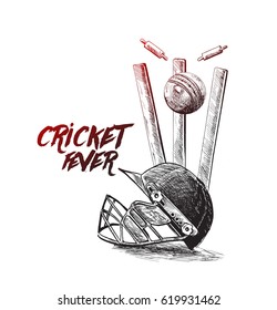 Cricket championship with ball wicket in Cricket stadium freehand sketch graphic design, vector illustration 