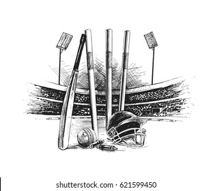 Outline Sketch Drawing Cricket Kit Equipment Stock Vector Royalty Free  2148734369  Shutterstock