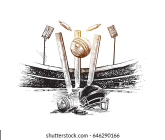 Cricket championship with ball wicket in Cricket stadium freehand sketch graphic design, vector illustration 