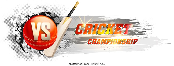 Cricket championship banner with ball and bat on halftone background.