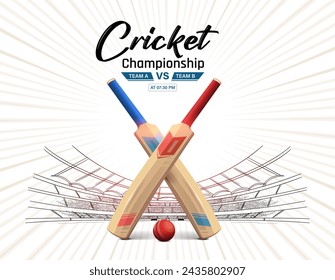 Cricket championship banner with bat and ball. Live cricket tournament match background. Cricket Stadium background illustration.