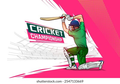 Cricket championship Banner Design. Vector Illustration of Batsman Hitting the Ball in Action on Stadium Background