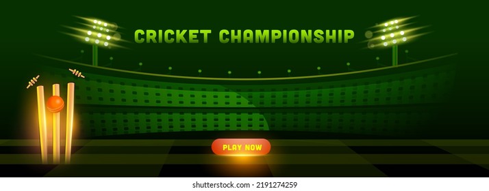 Cricket Championship Banner Or Header Design With 3D Silver Winner Trophy, Red Ball On Green Stadium Background.