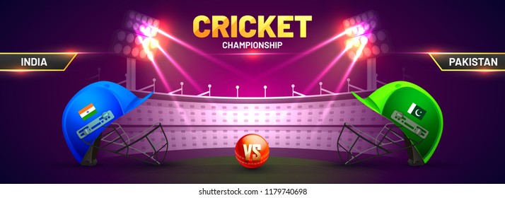 Cricket championship banner with match between India and Pakistan with cricket helmets kept as facing off and cricket ball on stadium background.