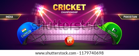 Cricket championship banner with match between India and Pakistan with cricket helmets kept as facing off and cricket ball on stadium background.