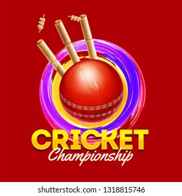 Cricket Championship banner or poster design with illustration of cricket ball hittting the wicket stumps on red background.