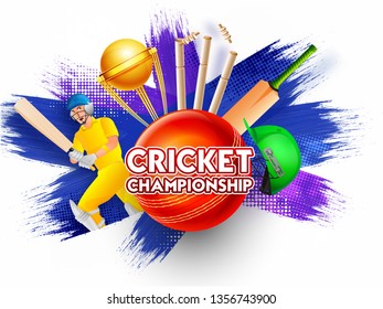 Cricket Championship banner or poster design, close view of ball, bat, stump and golden trophy on paint stroke background.