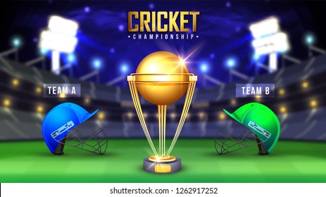 Cricket Championship banner with winning golden trophy and competitive team helmets on night stadium background.