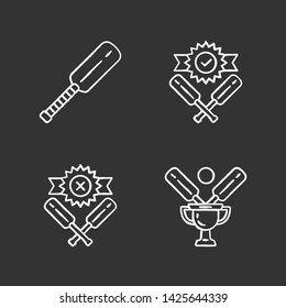 Cricket championship chalk icons set. Sport tournament. Bat, champion cup, win, defeat. Club battle. League competition. Sport contest. Bat and ball team game. Isolated vector chalkboard illustrations