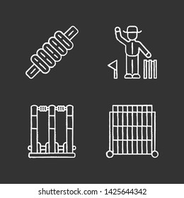 Cricket championship chalk icons set. Sport competition. Bail, stumps, sight screen, umpire. Sporting gear, judge. Club tournament. Athletic activity. Isolated vector chalkboard illustrations