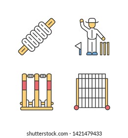 Cricket championship color icons set. Sport competition. Bail, stumps, sight screen, umpire. Sporting gear, judge. Club tournament. Athletic activity. Team battle. Isolated vector illustrations