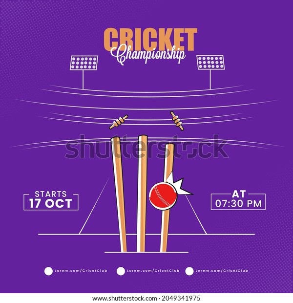 Cricket Championship Concept With
Ball Hitting Wicket Stumps On Purple Stadium
Background.