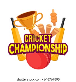 Cricket Championship concept with bats, ball, wicket stumps, bails and winning trophy cup.