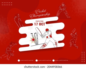 Cricket Championship Concept With Batsman, Bowler Players On Red And White Halftone Background.