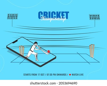 Cricket Championship Concept With Batsman Hitting Ball On Smartphone Screen For Online Match Show.