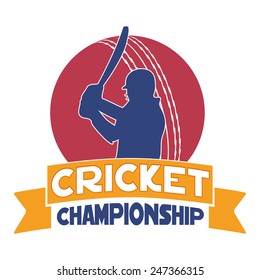 Cricket Championship concept with batsman in playing action and red ball on white background.