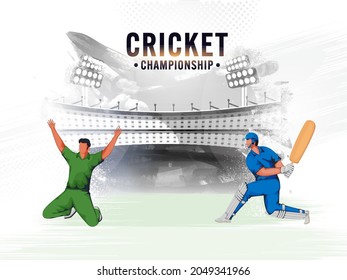 Cricket Championship Concept With Cartoon Batsman And Bowler Player On Gray Brush Effect Stadium Background.