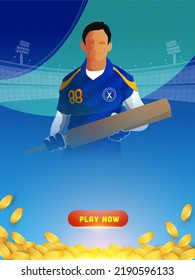 Cricket Championship Concept with Character Illustration of a Batter in Blue Color Jersey, Stadium Background, Earning Money Concept with Golden Coins. 