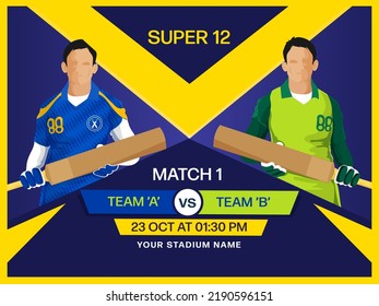Cricket Championship Concept with Character Illustration of Rival Team Batters in Blue and Green Jersey with Text Space for Match Details. 