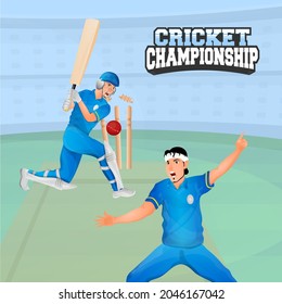 Cricket Championship Concept With Cheering Bowler Dismissed The Batsman On Playground.