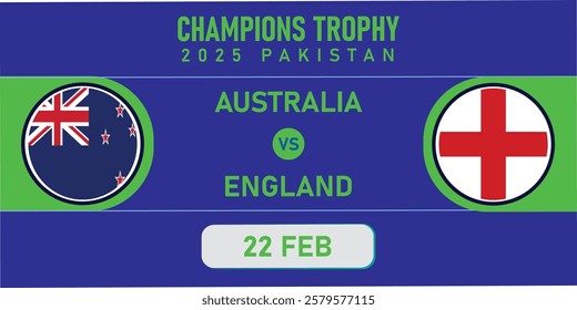 Cricket Championship Concept With Country Flag. Champions Trophy Cup 2025 in Pakistan And Participating Team Australia VS England. Circle Flag Shield On Blue Background.