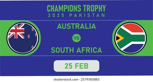 Cricket Championship Concept With Country Flag. Champions Trophy Cup 2025 in Pakistan And Participating Team Australia VS South Africa. Circle Flag Shield On Blue Background.