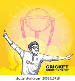 Cricket Championship Concept With Doodle Style Cricketer Player In Winning Pose And Trophy Cup On Abstract Yellow Background.