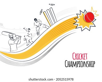 Cricket Championship Concept With Doodle Style Batsman, Bowler, Wicker Keeper Player And Yellow Striped Wave On White Background.