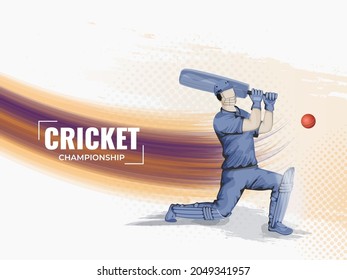 Cricket Championship Concept With Faceless Batsman Hitting Ball And Abstract Brush Wave On White Halftone Background.