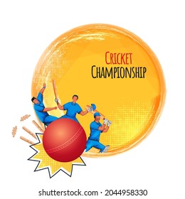Cricket Championship Concept With Faceless Batsmen, Bowler Players And Orange Brush Halftone Effect On White Background. svg