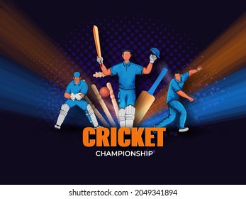 Cricket Championship Concept With Faceless Cricketer Players In Action Pose On Purple Halftone Background.