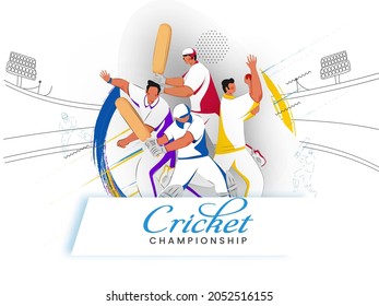 Cricket Championship Concept With Faceless Cricketer Players On White Stadium Background.