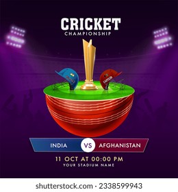 Cricket Championship Concept with Golden Winning Trophy, Two Attire Helmets of Participating Team India VS Afghanistan on Half Ball Against Purple Background.