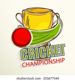 Cricket Championship concept with Golden Winning Cup and Cricket ball in motion. 