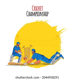 Cricket Championship Concept, Illustration Of Batsman Run Out Near Wicket Keeper Standing On Yellow And White Background.