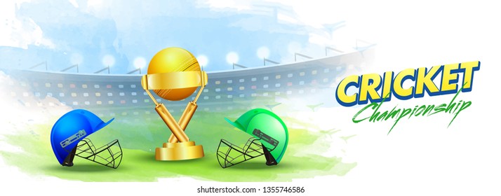 Cricket championship concept India vs Pakistan match header or banner with cricket attire helmets of respective country and winning trophy on stadium background.